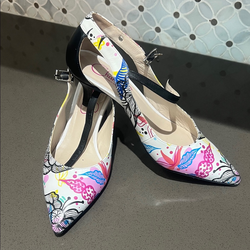 Colorful Floral Heels with Black Straps
